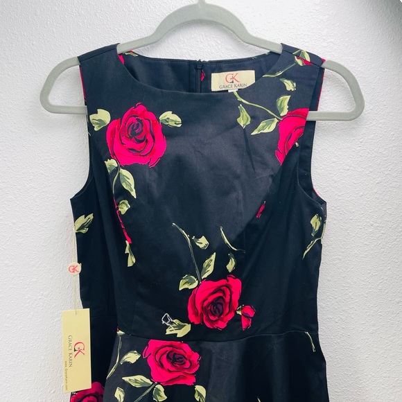 Grace Karin pink roses floral dress in black color scoop neck bouffant circular - Picture 3 of 7